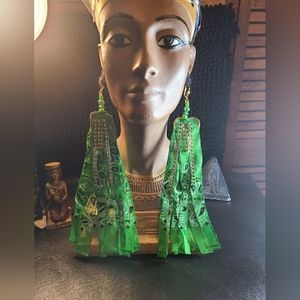 7 inches Bohemian fabric and cotton strip fringes style earrings white, green an